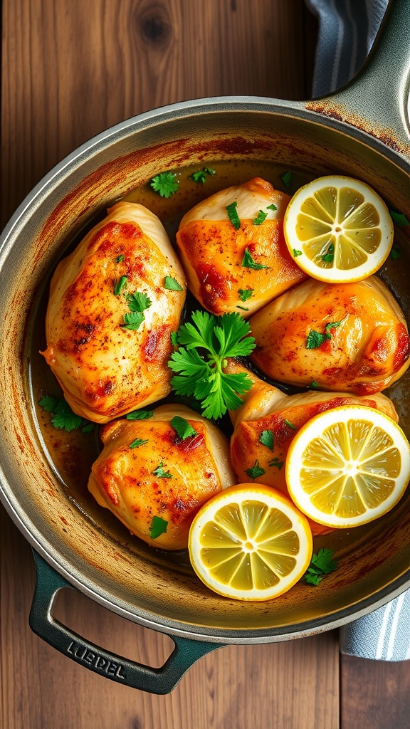 One-Pan Lemon Garlic Chicken Recipe One-pan lemon garlic chicken served in a skillet with lemon slices and parsley.